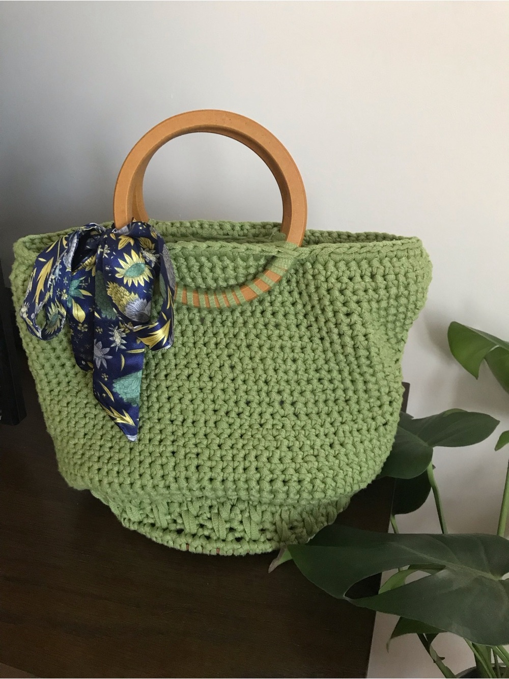 Handmade Green Crochet City Purse Wood Handle Silk Scarp